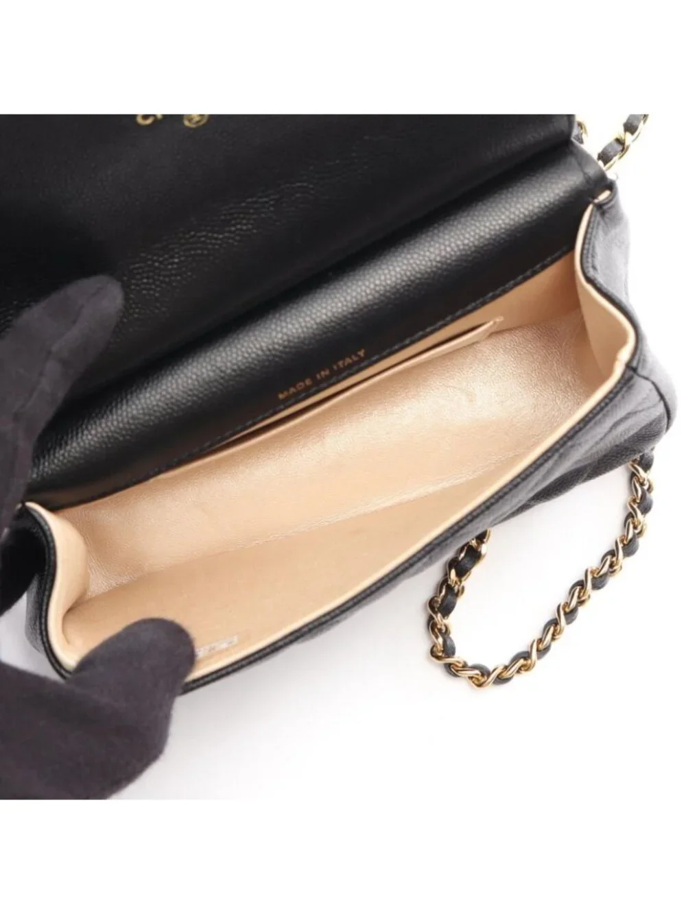 Chanel Shoulder Bag Quilted Black Caviar Leather Small Chain